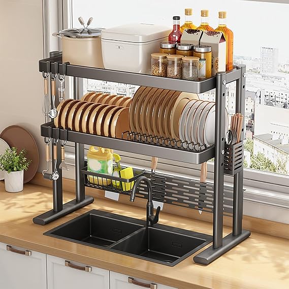 2-Tier Dish Drying Rack, Over Sink Drainer with Utensil Holder, Adjustable Height, Large Capacity Kitchen Organizer for Plates, Bowls, Glasses