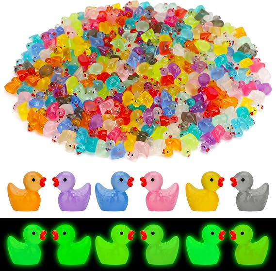 JYXT 250 Pcs Mini Resin Ducks Glow in The Dark, Tiny Animals Figures to Hide Luminous Miniature Plastic Duck for Fish Tank Aquarium Fairy Garden Dollhouse Micro Landscape Birthday Parties Decor