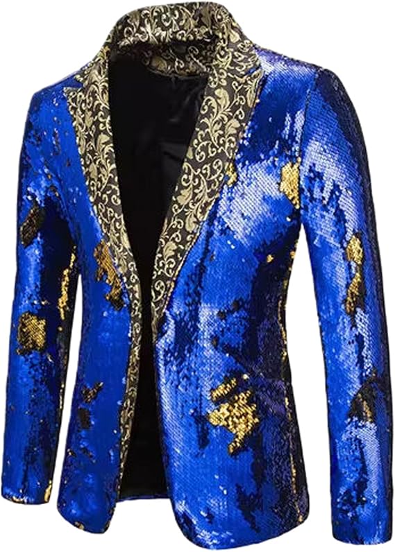 Men Two-Colour Sequin Suit Stage Performance Jacket Nightclub Bar DJ Singer Host Jacquard Spliced Blazer Coats
