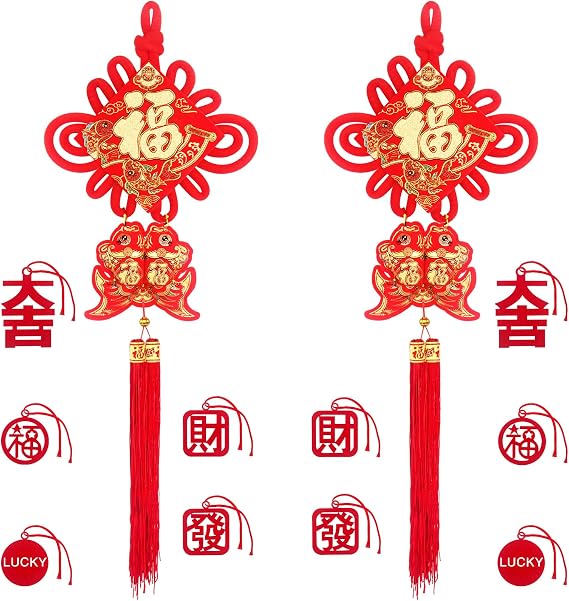 Large Chinese Knot - 2026 Chinese New Year Hanging Decorations - Red Fu Character 3D Double Fish Charm with Tassel - Lunar New Year Horse Spring Festival Party Ornament Decor 10in Wide