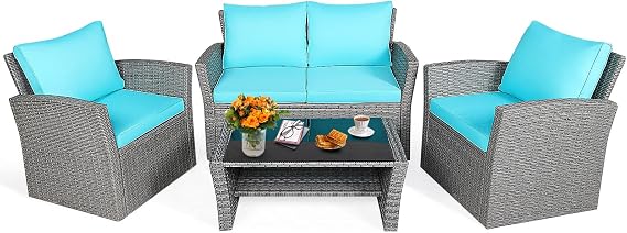 Tangkula 4 Pieces Patio Furniture Set, All Weather Outdoor Sectional Rattan Sofa Set with Cushions & Tempered Glass Table, Wicker Conversation Couch Set for Backyard Garden Poolside (Turquoise)