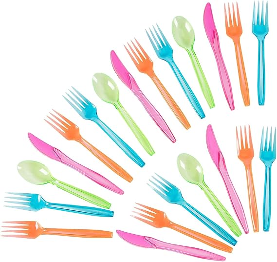 Juvale Rainbow Plastic Silverware Set - Disposable Neon Party Utensils - Disposable Cutlery for Cleanup - Colorful Plasticware for Events - 144-Piece, Forks/Knives/Spoons, 6"/6.5"/5.5"