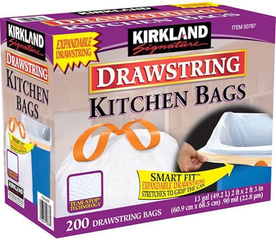 Kirkland Signature 13 Gallon 200 Ct Carton 100% recyclable Heavy Duty Drawstring Kitchen Trash Bags Garbage Bag,White