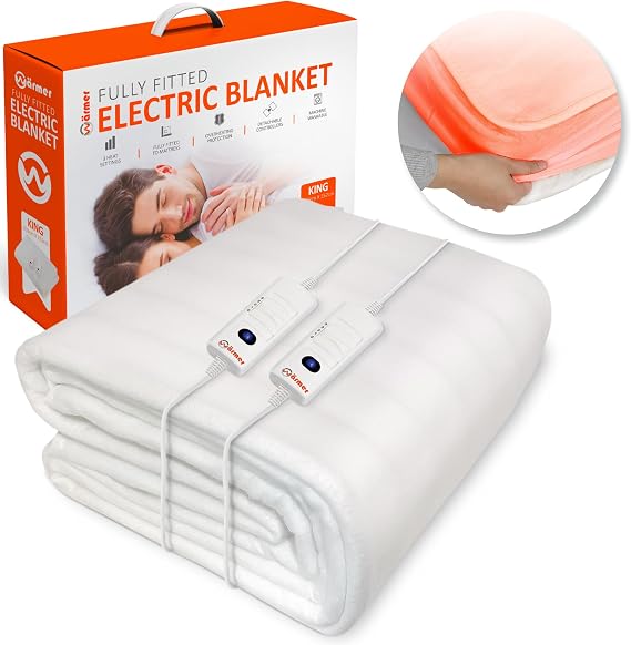 Wärmer Electric Blanket King Size - Dual Control, Fully Fitted Mattress Cover with Elasticated Skirt, 3 Heat Settings, 2 X Detachable Controllers - 203 X 152cm King