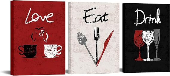 RnnJoile 3 Piece Red Kitchen Decor Love Eat Drink Canvas Wall Art Pictures Set Dinning Room Wall Accessories for Women Her Restaurants Chef Framed 12"x16"