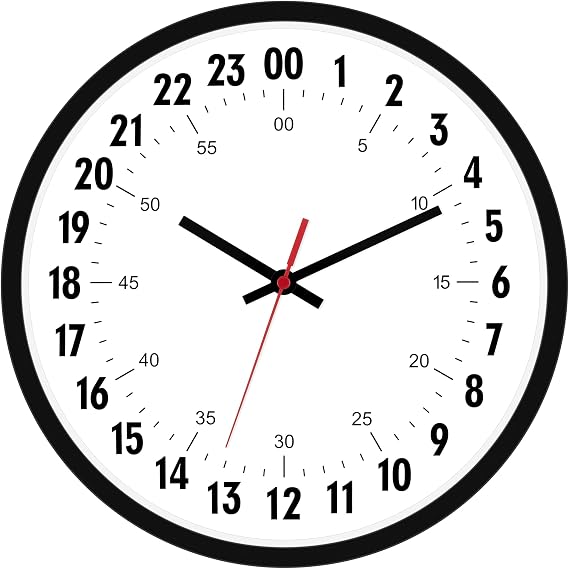 Foxtop 24 Hour Wall Clock, Silent Battery Operated Analog Clock, 12" Black