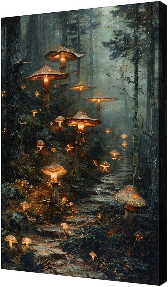 Retro Dark-Art Canvas Print Picture For Home Living Bedroom Office Decor-Wall Art Framed Enchanted Mushroom Woodland Poster For Dark Aesthetics Lover Decor-Dark Fantasy