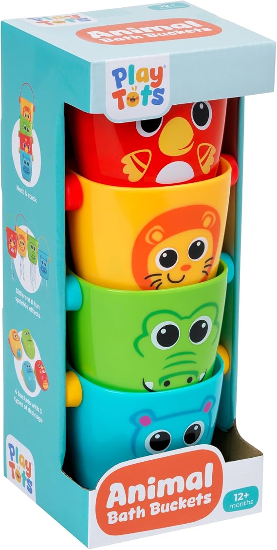 John Adams | Play Tots - Animal Bath Buckets | 4 colourful character bathtime buckets with different and fun sprinkle effects | Baby and Toddler Toys | Ages 12m+