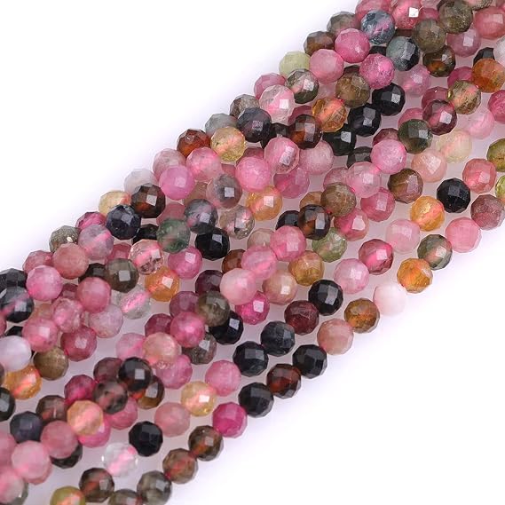 Gem-Inside 3mm Multi-Color Tourmaline Natural Gemstone Faceted Round Semi Precious Loose Seed Beads for Jewellery Making 15" Strand
