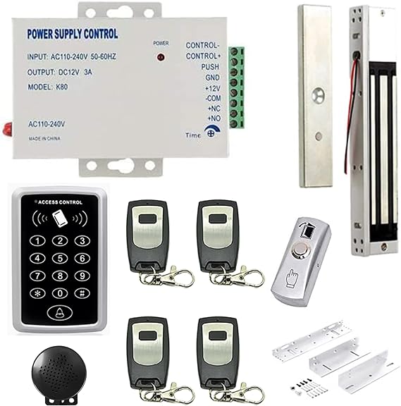 Remote Control Keypad inswinging Door 600Lbs Electromagnetic Lock Kit with Bracket Access Control System 110-240V Power Supply Unit Push to Exit Button Buzzer Sounder for Visitor in