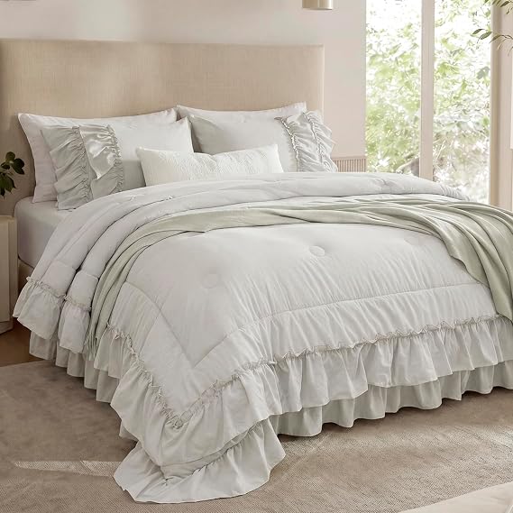 Bedding_Dreamer Beige Ruffle Comforter Set Queen, 3 Pieces Shabby Chic Farmhouse Bedding, Soft Microfiber Comforter with Matching Shams, All Season