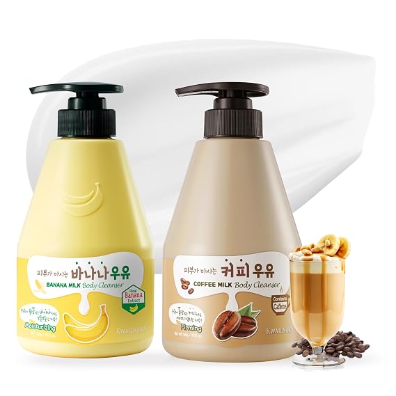 WELCOS Kwailnara Banana & Coffee Milk Body Wash Set Hydrating & Nourishing Korean Skincare Bundle with Banana Extract & Coffee Infusion, 560g / 19.75oz Each