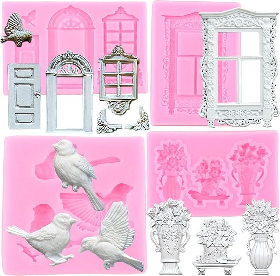 ZiXiang Window Door Silicone Mold Flower Bird Fondant Molds Set Of 4