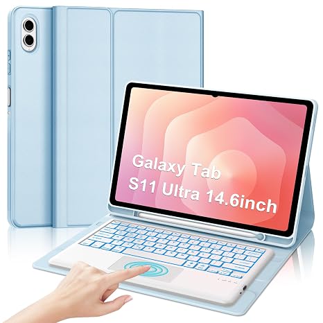 Keyboard Case for Samsung Galaxy Tab S11 Ultra 14.6 inch 2025 (SM-X930/X936B), 7 Color Backlit,Multi-Touch Trackpad,Magnetic Detachable Wireless Bluetooth Keyboard with S Pen Holder,Sky Blue