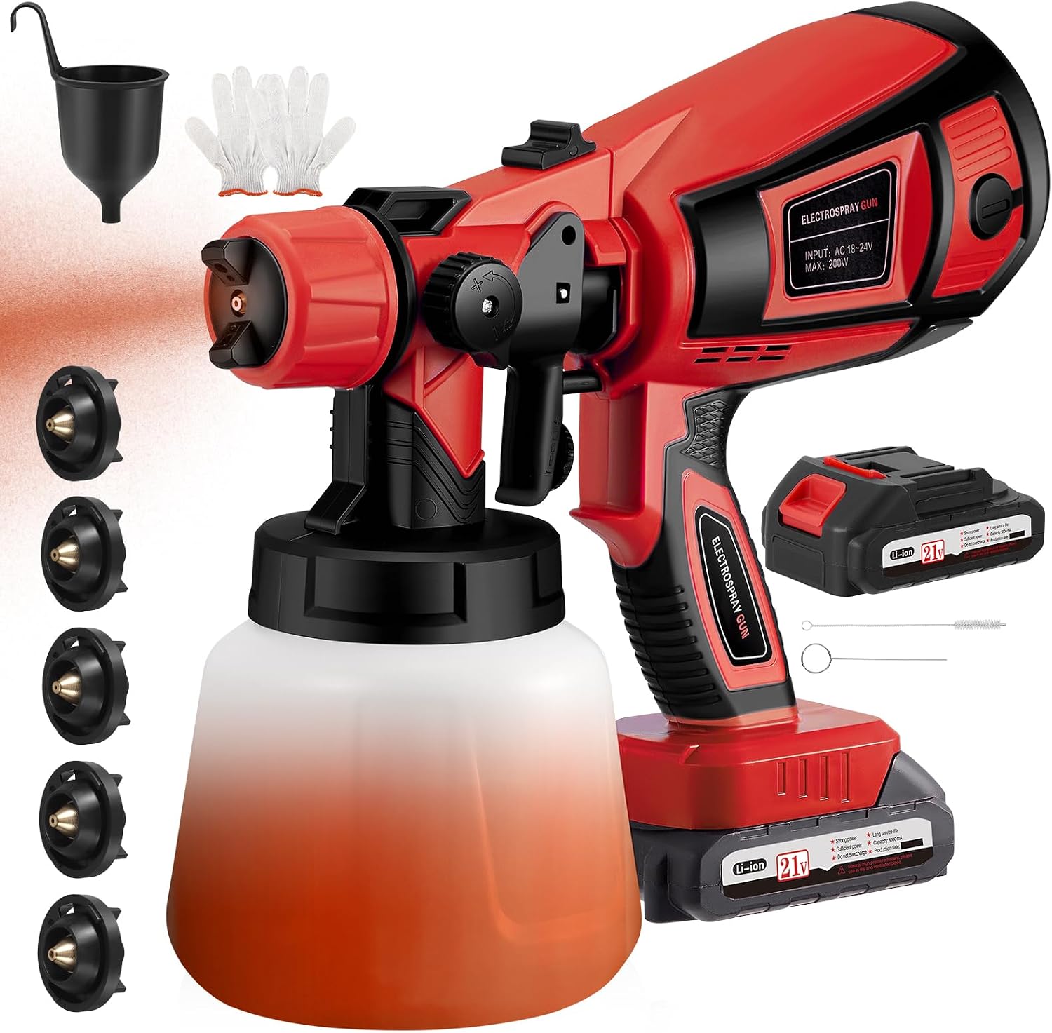 Cordless Paint Sprayer with 21V Battery, Fence Paint Sprayer with 5 Nozzles and 3 Spray Patterns, Handheld HVLP Paint Gun with 2x3000mAh