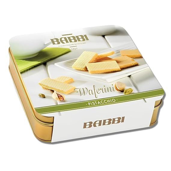 Babbi Gran Waferini Gold Tin - Italian Pistachio Wafer Cookies - Crispy Cream-filled Wafer - Gourmet Snacks from Italy - Crunchy Kids Snack - Holiday Food Gift - 6.7 oz (Pistachio)