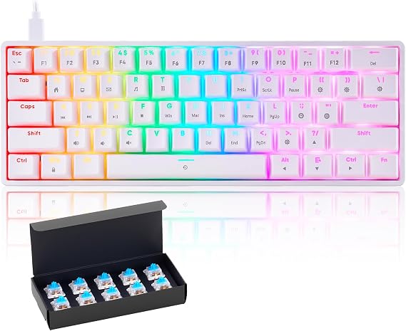 60% Mechanical Keyboard Gaming RGB Backlit with app Compact 61 Key Portable Mini Keyboard Blue MX Switch Compatible with Windows iMac Laptop PC Computer Office Gamer(White)