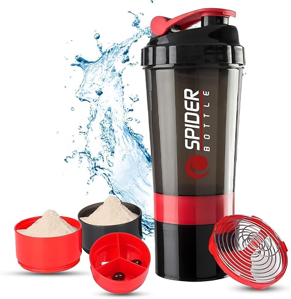 Active 100 Protein Shaker Bottle 500ml With Extra Compartment - Gym Shaker Bottle For Men & Women, Perfect For Protein Shakes & Supplements (Red)
