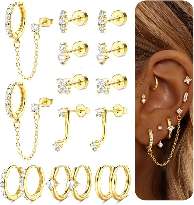 Gold Earrings for Women Flat Back Earrings Hypoallergenic Earring Stacks
