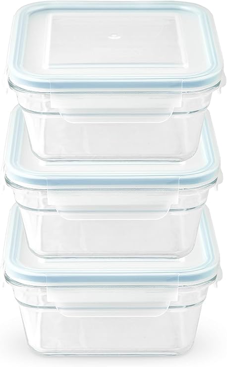 Snaplock Lid Tempered Glasslock Storage Square Container Airtight 3 Container Set Anti Spill Microwave & Oven Safe 1.5cups/355ml