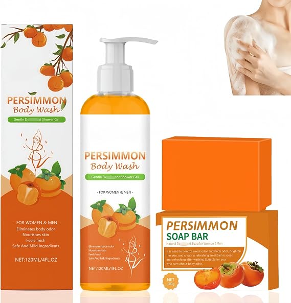 Natural Persimmon Body Wash and Soap Bar Set, Persimmon Soap and Body Wash for Deep Cleansing, Moisturizing Body Cleanser, Gentle Bo/dy Wash for Dry &amp; Itchy Skin, Softens and Protects Skin