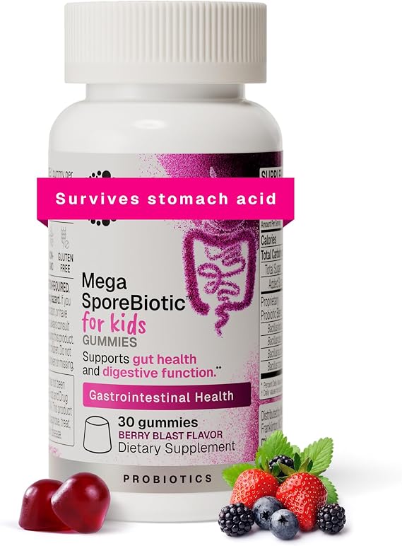Microbiome Labs MegaSporeBiotic Kids Probiotic - Spore Based Gummy Probiotics for Kids - Supports Gut Health & Immunity with Bacillus Probiotic Blend - Berry Flavored (30 Gummies)