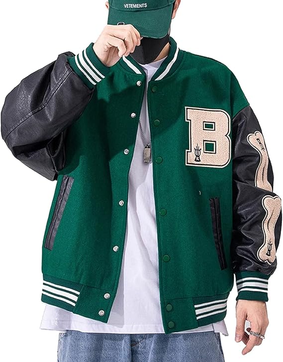 Moshtashio Varsity College Jacket Baseball Jackets Vintage Outwear with Pockets Unisex Coat Patchwork Top