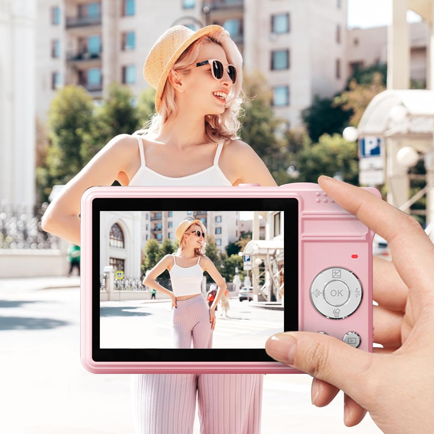 Digital Camera, Fhd 1080p Kids Camera, 50mp Point and Shoot Digital Cameras with Batteries, Support 32gb Sd Card,16x Zoom Compact Small Camera for Kids Boys Girls, Gifts for Teen Boys Pink