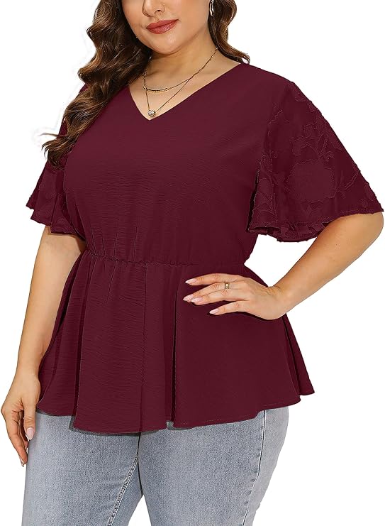 AusLook Women's Plus Size Tunic Short Sleeve Clothes V Neck Summer Tops Pleated Flowy Loose Fit Casual T Shirt 1X-5X