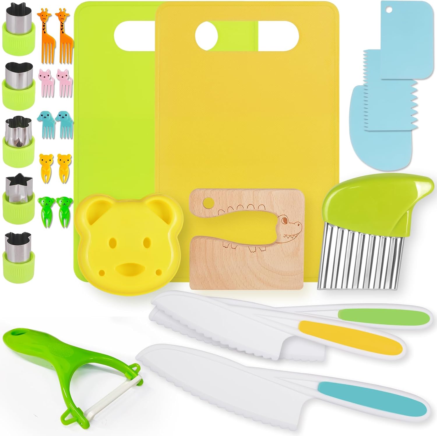 28 Pc Toddler Kitchen Tools - Kids Kitchen Knife Set, Safe Knives, Crinkle Cutter, Sandwich Cutters