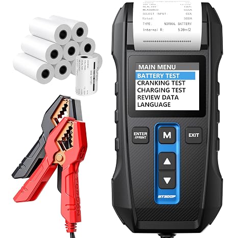 Car Battery Tester 12V 24V 100-2000CCA Lead-Acid Battery, TOPDON BT300P Alternator Tester, Load Tester, with Built-in Printer, Spark Free Metal Clamps, 10 Rolls Cash Register Thermal Paper