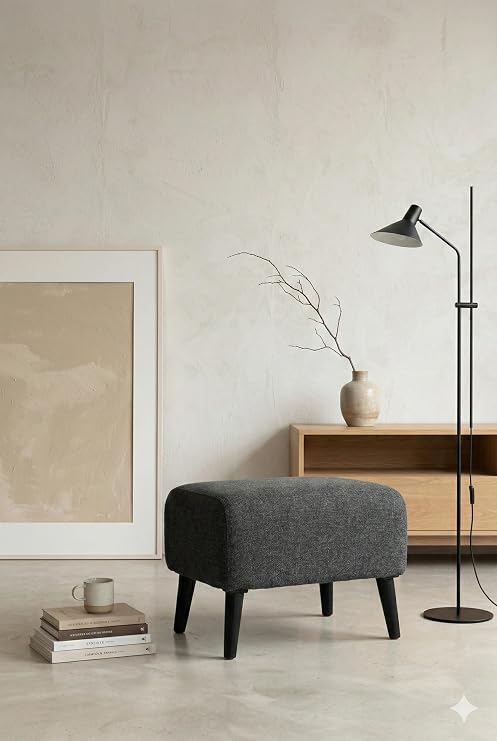 CoArt Home Minimalist İskandinav Tarz Puf, Antrasit Gri, 48x40x38 cm, Keten Kumaş, Ahşap Ayaklı, Dikdörtgen