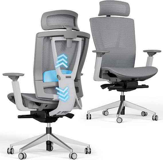 Autonomous ErgoChair Pro Grey Mesh Ergonomic Office Chair for Back Pain Relief Adjustable Lumbar Support, Headrest, Big and Tall Home Office Desk Chair Comfy 300 LBS with Swivel Wheels for Long Hours