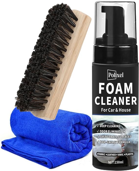 Car Interior Foam Cleaner - Powerful Waterless Carpet Upholstery & Seat Stain Remover for Leather, Fabric, Vinyl - Adhesive Remover Spray with Brush Safe for All Cars - 5oz / 150ml