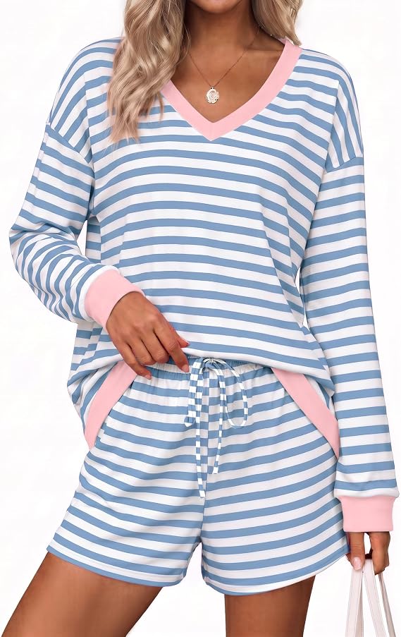 Ekouaer Womens Lounge Sets 2 Piece Long Sleeve Casual Striped Matching Set