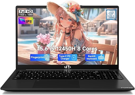 NIMO 15.6" FHD-IPS-Laptop Intel 8 Cores i5-12450H (Up to 4.4GHz, Beat i7-11800H), 8GB RAM 256GB SSD 100W PD Type-C Fingerprint, for Professionals & Students Office, Study & Travel