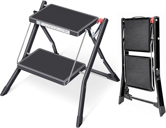 Kingrack Step Ladder Stool, Double Side Folding Step Stool, Portable 2 Step Ladder with handdle, Anti-Slip Large Platform, Slim Household Stepladder with Multi-function, Black