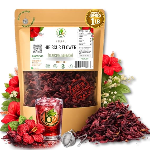 Jamaica Flor 100% Natural Loose Leaf Hibiscus Tea 16 oz (1 lb) Dried Hibiscus Flower Petals Caffeine-Free Rich in Antioxidants Vegan, Non-GMO Supports Digestion & Hydration Includes Tea Infuser / Incluye Infusor