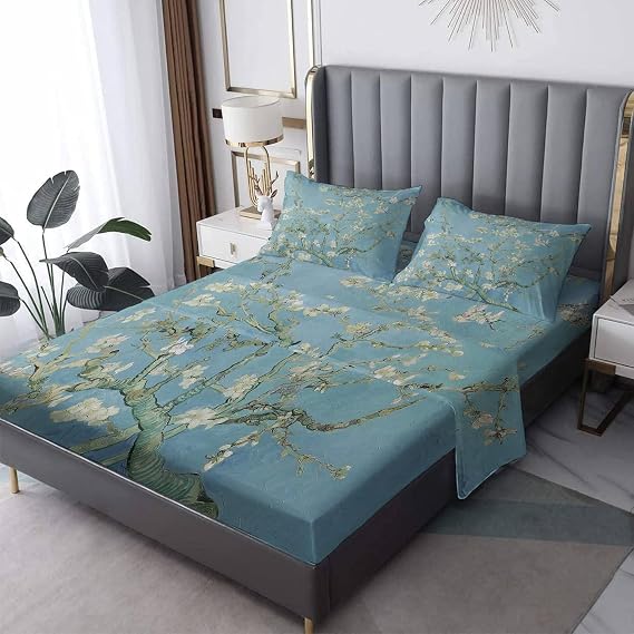 Almond Blossom Sheets Queen Size, Art Bed Sheets & Pillowcases 4 Piece Set, Deep Pocket Fitted Sheet & Flat Sheet & 2 Pillow Cases, Soft High Thread Count Decorative Bedding