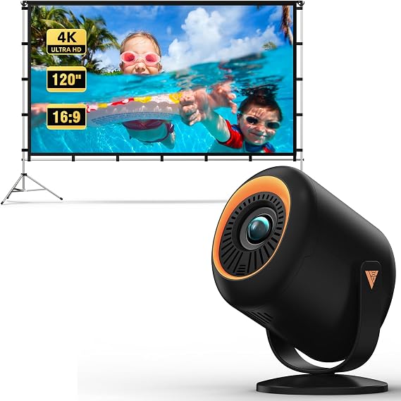 Vamvo Mini Projector with WiFi and Bluetooth 4K Support Combo 120 inch Aluminum Projector Screen with Stand