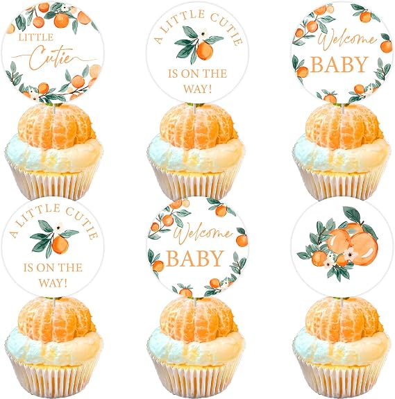 24Pcs Little Cutie Cupcake Toppers, Orange Cupcake Picks, Citrus Theme Baby Shower Decorations, Tangerine Clementine Fruit Party Supplies