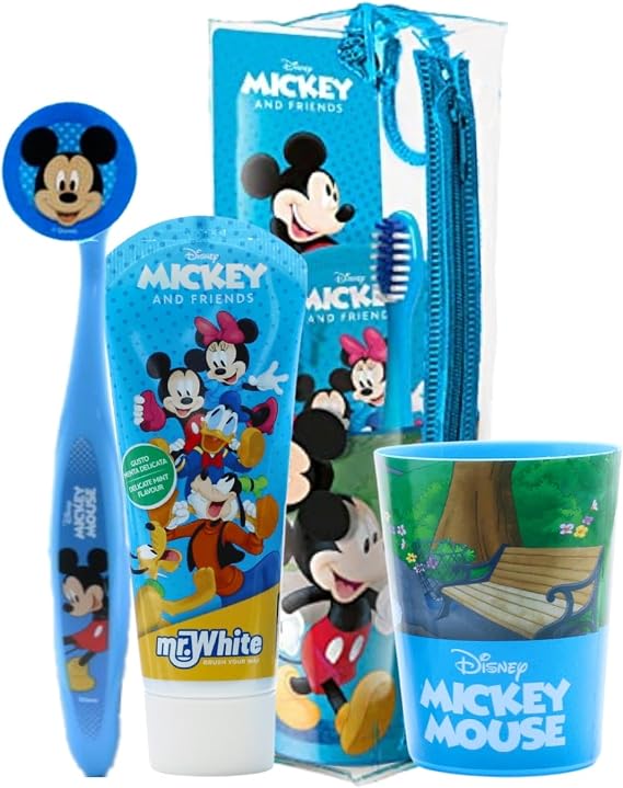 Disney Mickey Mouse Kids Toothbrush Set Christmas Gift | BPA-Free | Extra Soft Bristles Toothbrush with Cap, Suction Cup, Mint Flavour Toothpaste, Multi-Purpose Cup, Toiletry Bag for Children Age 3-12