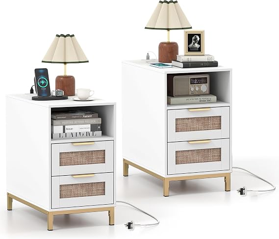 COSTWAY Bedside Table with Charging Station, Wooden Rattan Nightstand End Sofa Side Table with Drawers, Open Cubby, Back Storage & Metal Legs, Boho Narrow Accent Bedside Cabinet (2, White + Gold)