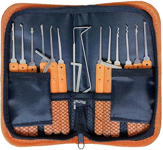 Lock Pick Set 17 Pieces Lock Pick Set with Manual and Zipper Case for Lock Picking Extractor Tool for Beginners and Locksmith Training (Without Padlock Orange)