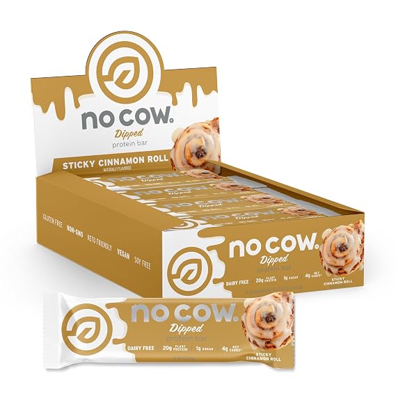 No Cow High Protein Bars, Dipped Sticky Cinnamon Roll - Healthy Snacks, 20g Vegan Protein, High Fiber, Low Sugar, Keto Friendly, Dairy & Gluten Free (12 Count)