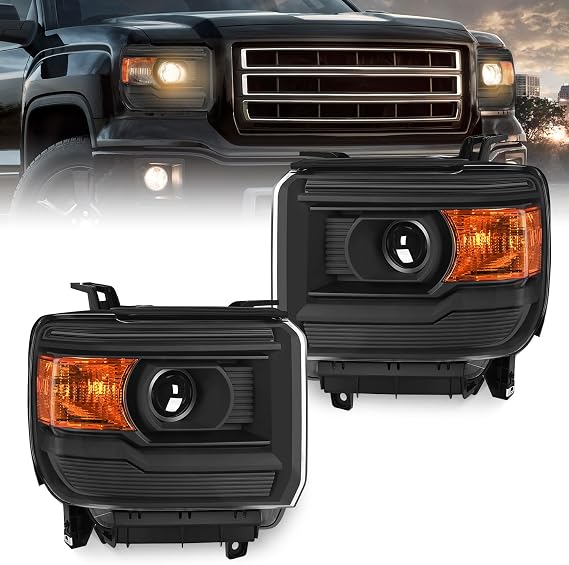 Nilight Headlight Assembly Compatible with 2014 2015 2016 2017 2018 GMC Sierra 1500 2500HD 3500HD Base Black Housing Amber Reflector Clear Lens Headlights Assembly Replacement,