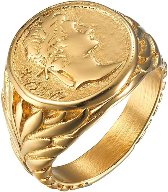 Vintage Roman Caesar Signet Ring Gold Plating Retro Metal Alloy Statement Piece for Men & Women, Portrait of Caesar the Great Personalised Thumb Knuckle Jewellery Gift Birthday Christmas (Size 7)