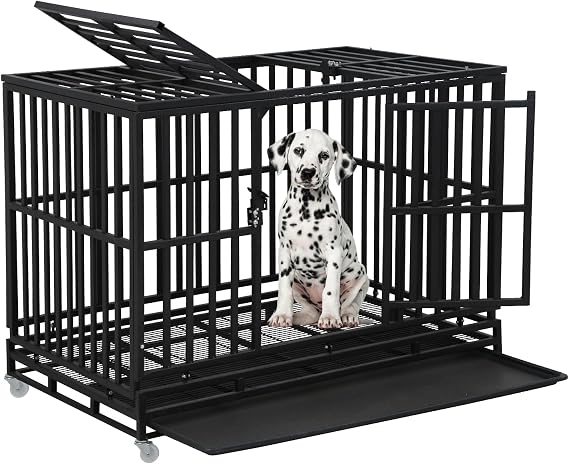 Heavy Duty Dog Crate Indestructible 48 Inch Dog Cage Dog Kennel for Large Medium Dogs for Training Indoor Outdoor with Plastic Tray Double Doors & Locks Design, Black