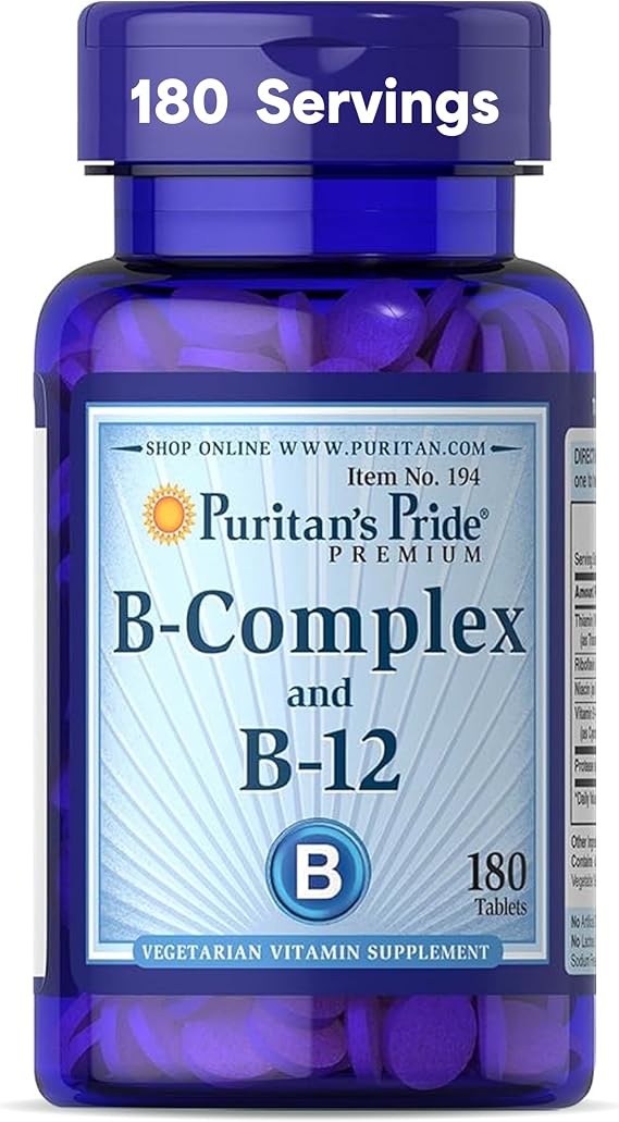 Puritan's Pride Premium Vitamin B-Complex and Vitamin B-12, 180 Tablets | Vegetarian Dietary Supplement for Cellular Energy Production, Maintains Health of Skin and Nerve Support