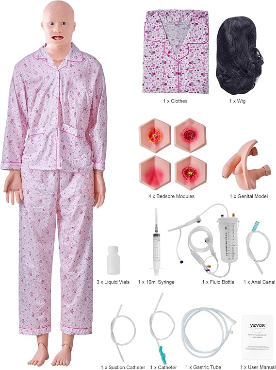 VEVOR Nursing Manikin, High Simulation 65"/165cm Life-Size, Various Nursing Types, Male/Female PVC Nursing Training Mannequin w/IV Practice Kit, for Professional Nursing Skills Training Practicing